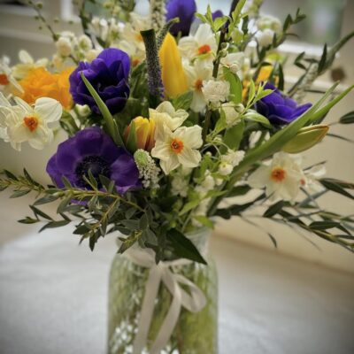 The Freya - Lemon and Purple Spring blooms with Glass vase